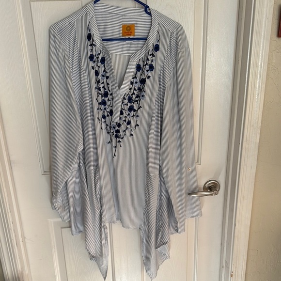 Tops - Plus Size Ruby Rd Women's Blouse 3/4 Sleeve Stripes Embroidered White/Blue 2X